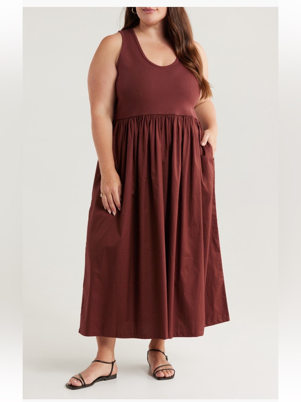 Nordstrom Mixed Media Stretch Cotton Tank Maxi Dress Brown 1X NWT